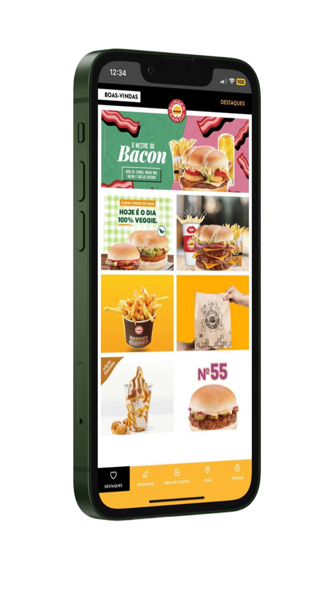 Mockup de telemóvel com a app do Burger Ranch Aberta